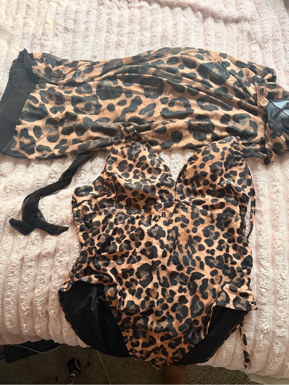 SHEIN Leopard Print One-Piece Swimsuit with Black Sheer Cover-Up